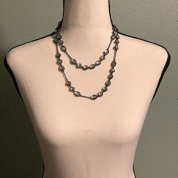 Silver (with Light Blue Oval Glass Beads), Long Necklace. - Picture 1 of 4